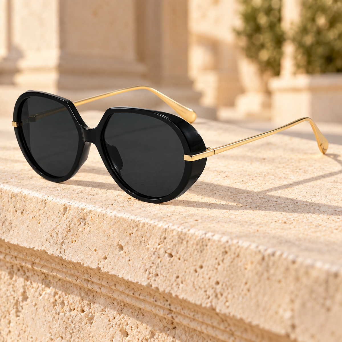 Stella Gold-Arm Oval Sunglasses — Black/Grey, full frame