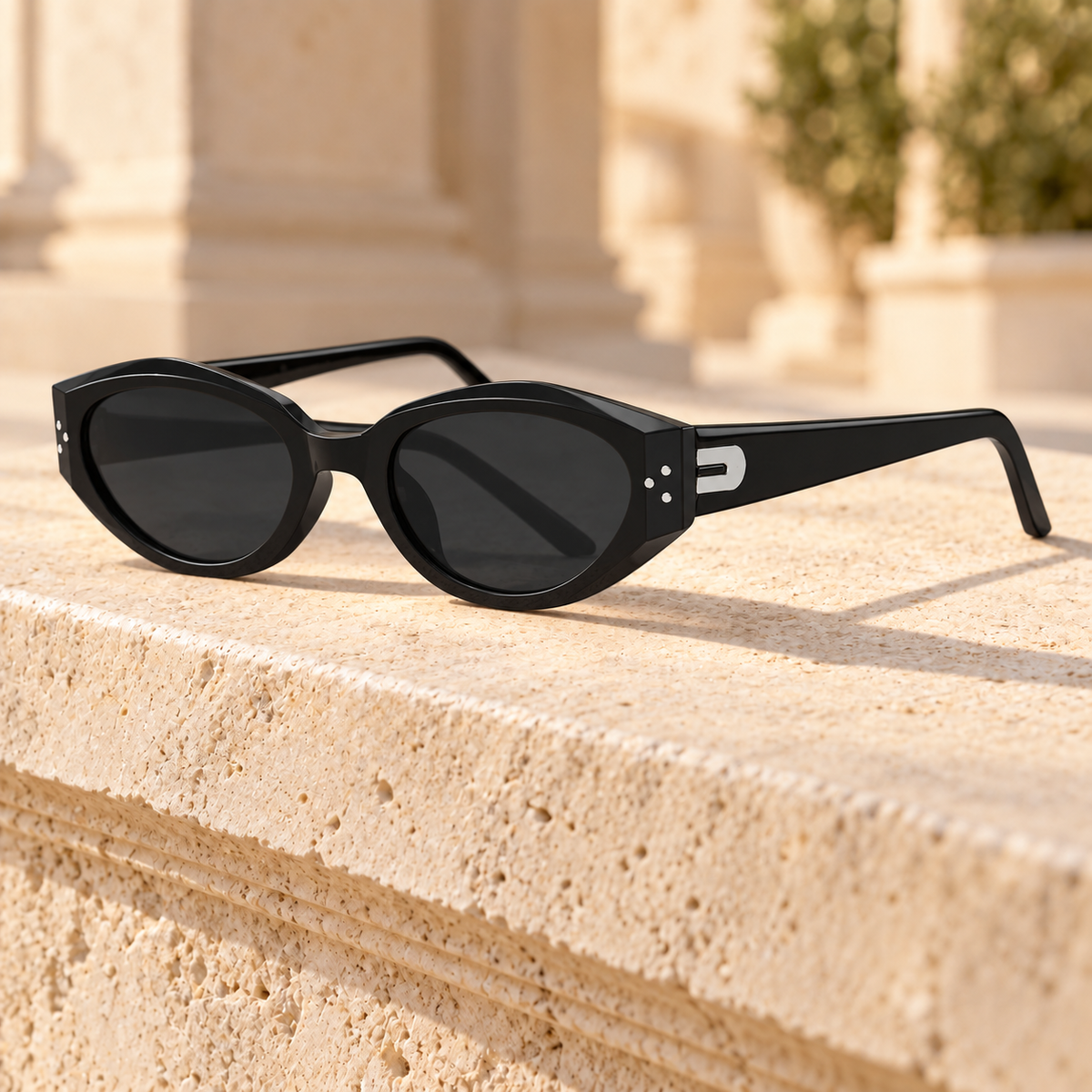 Nina Faceted Cat-Eye Sunglasses — Black/Grey, full frame