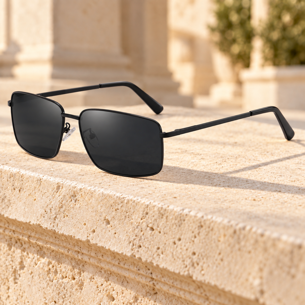 Hunter Slim Metal Rectangle Sunglasses — Black/Grey, full frame