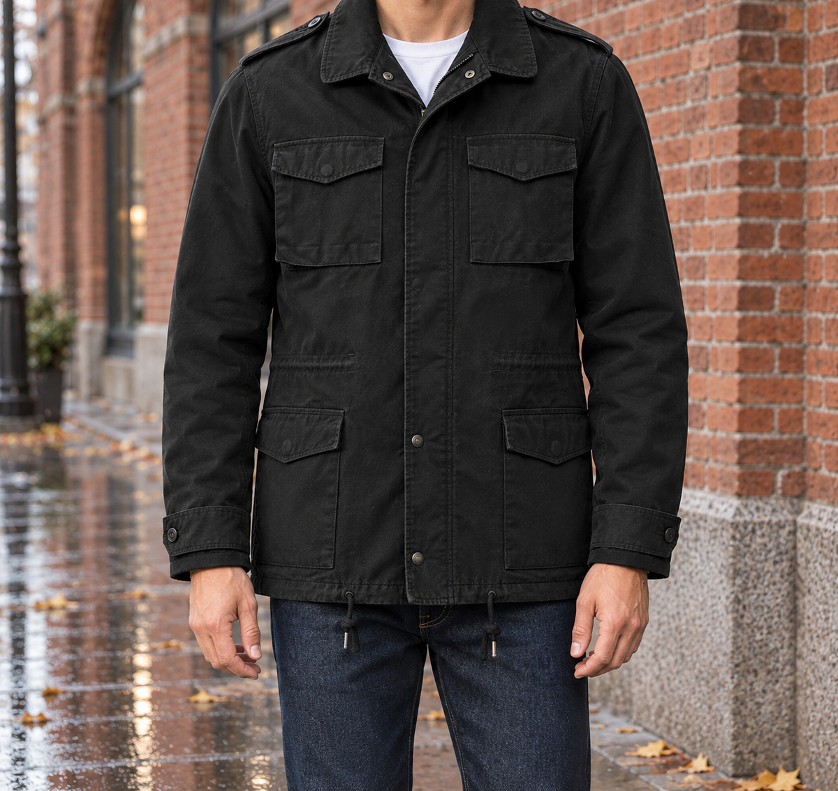 Wyatt Brushed Cotton Field Jacket - Black, worn, full jacket