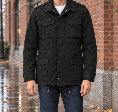 Wyatt Brushed Cotton Field Jacket - Black, worn, full jacket