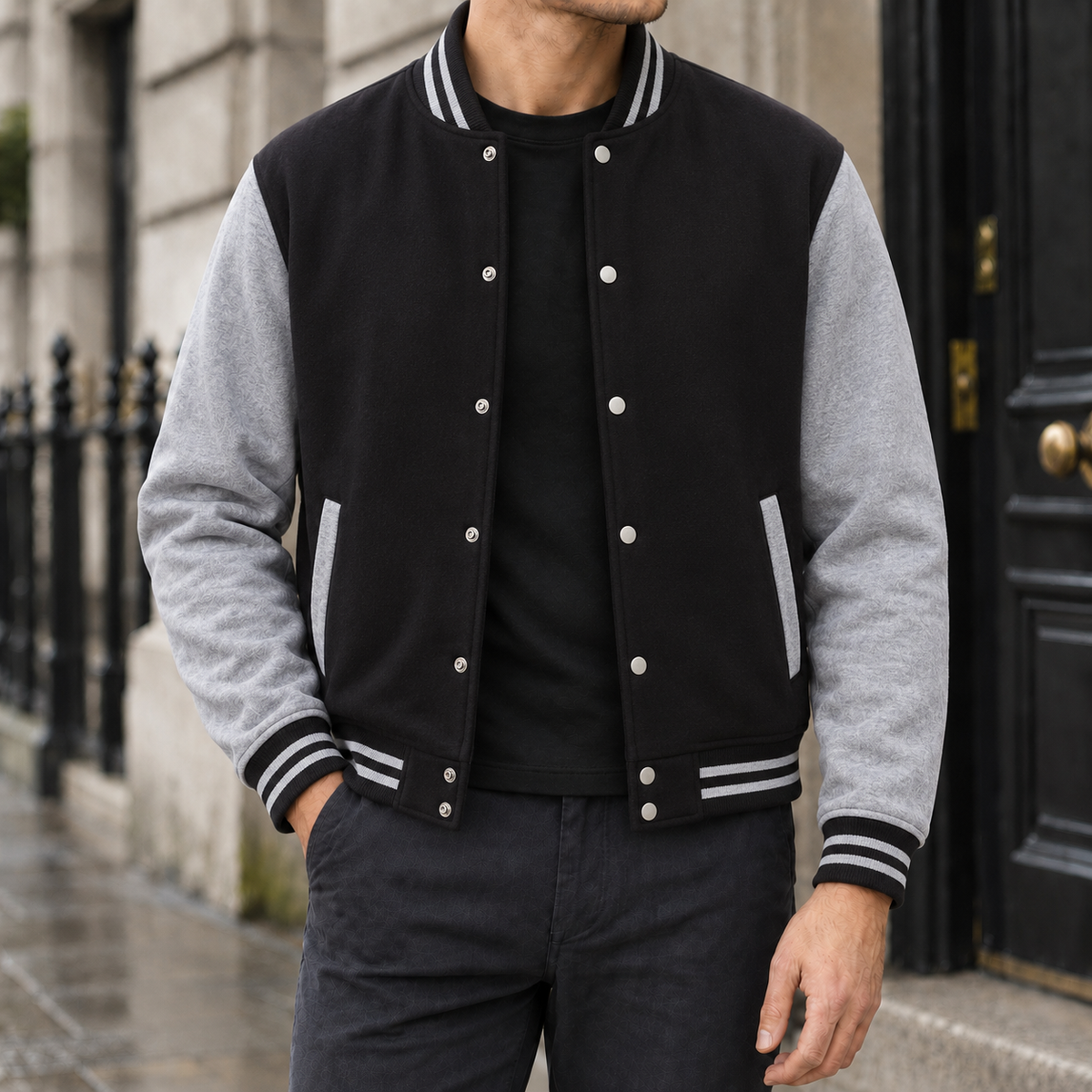 Tanner Snap-Front Varsity Jacket - Black & Grey, worn, full jacket