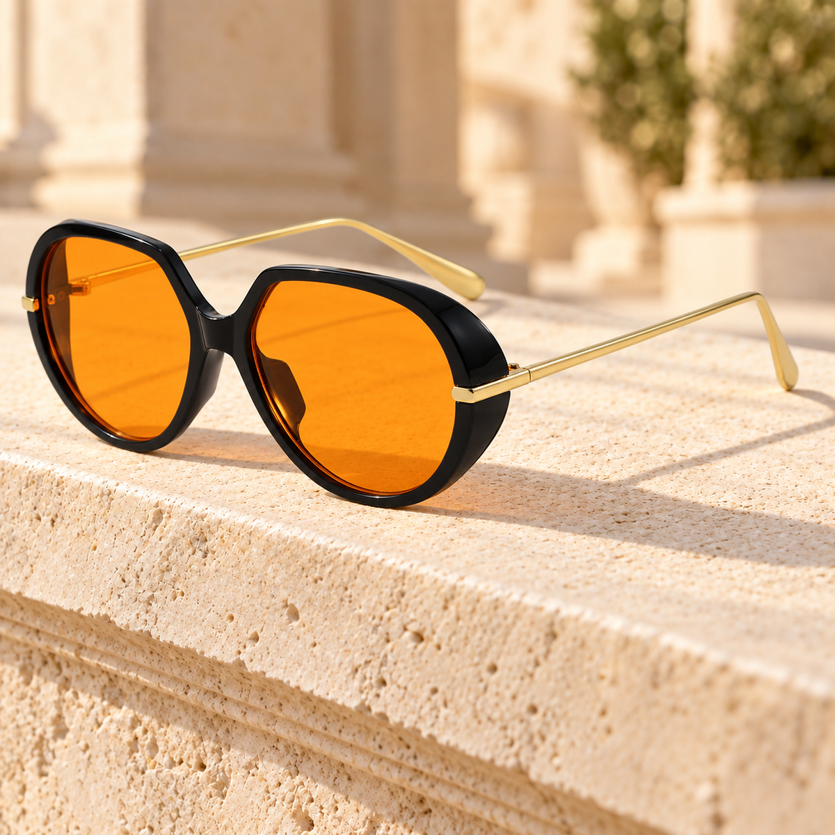 Stella Gold-Arm Oval Sunglasses — Black/Orange, full frame