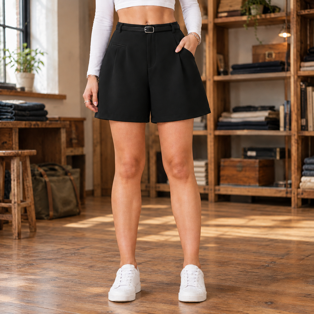 Lauren Belted Pleated Shorts - Black, worn, full shorts