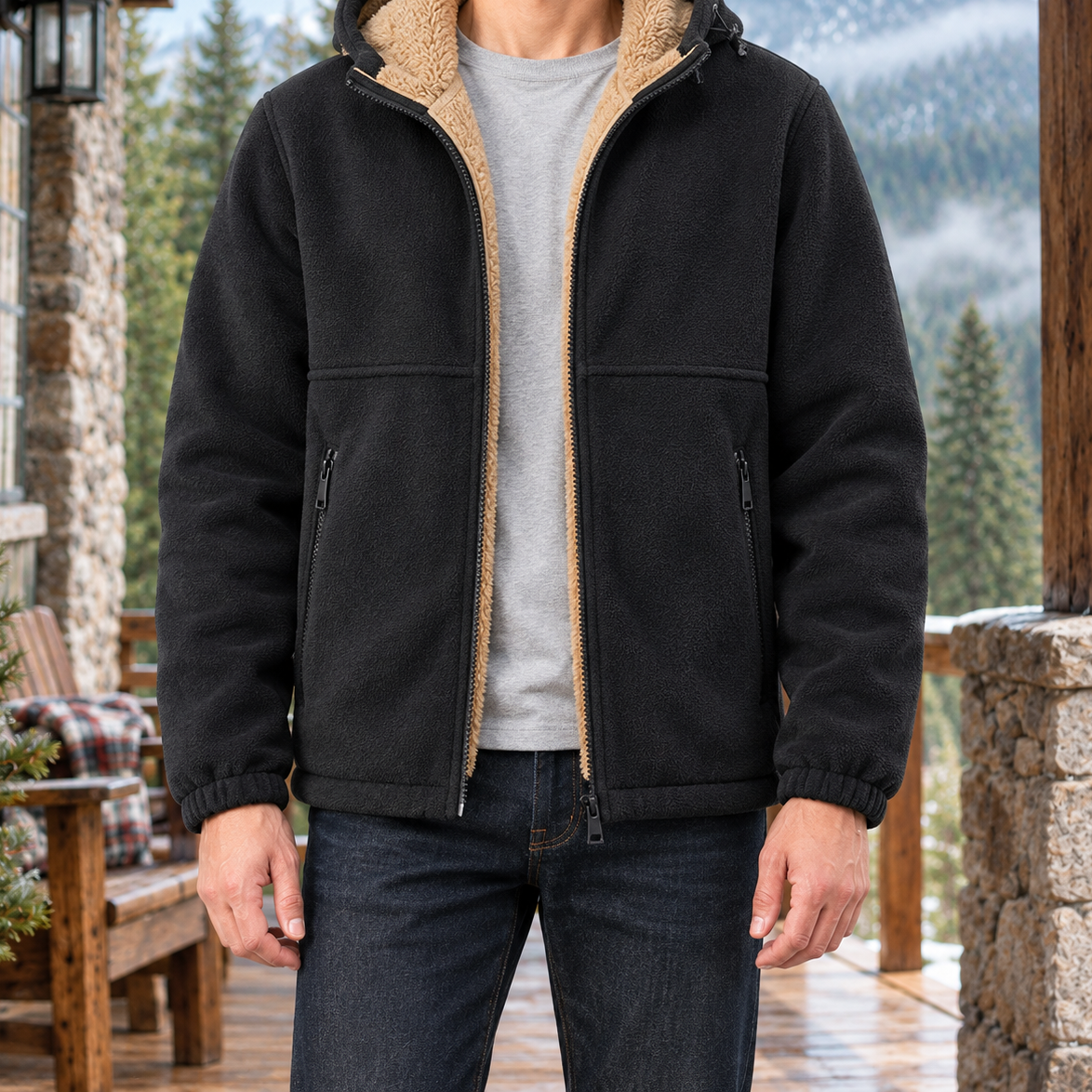Brody Sherpa-Lined Hooded Fleece Jacket - Black, worn