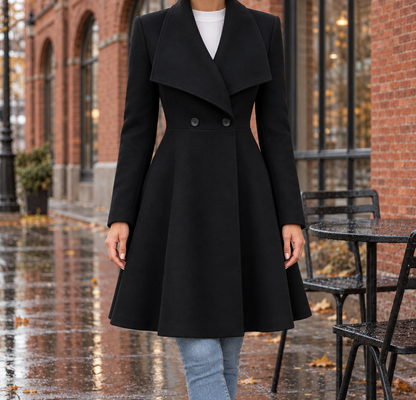 Rachel Wide-Lapel Flared Coat - Black, worn, full coat