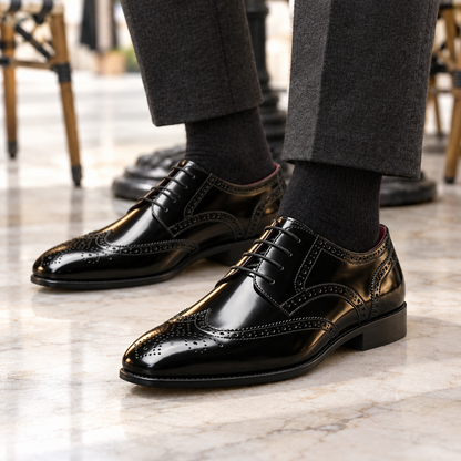Stuart High-Shine Wingtip Brogues - Black, worn pair