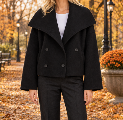 Sarah Wide-Collar Cropped Coat - Black, worn