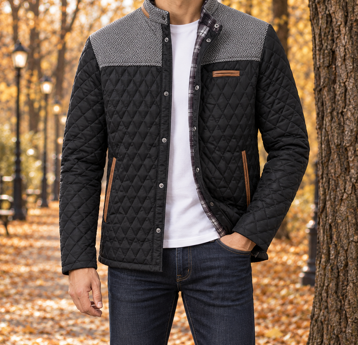 Marshall Knit-Yoke Quilted Jacket - Black, worn