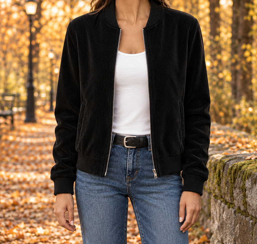 Kayla Corduroy Zip Bomber Jacket - Black, worn, full jacket