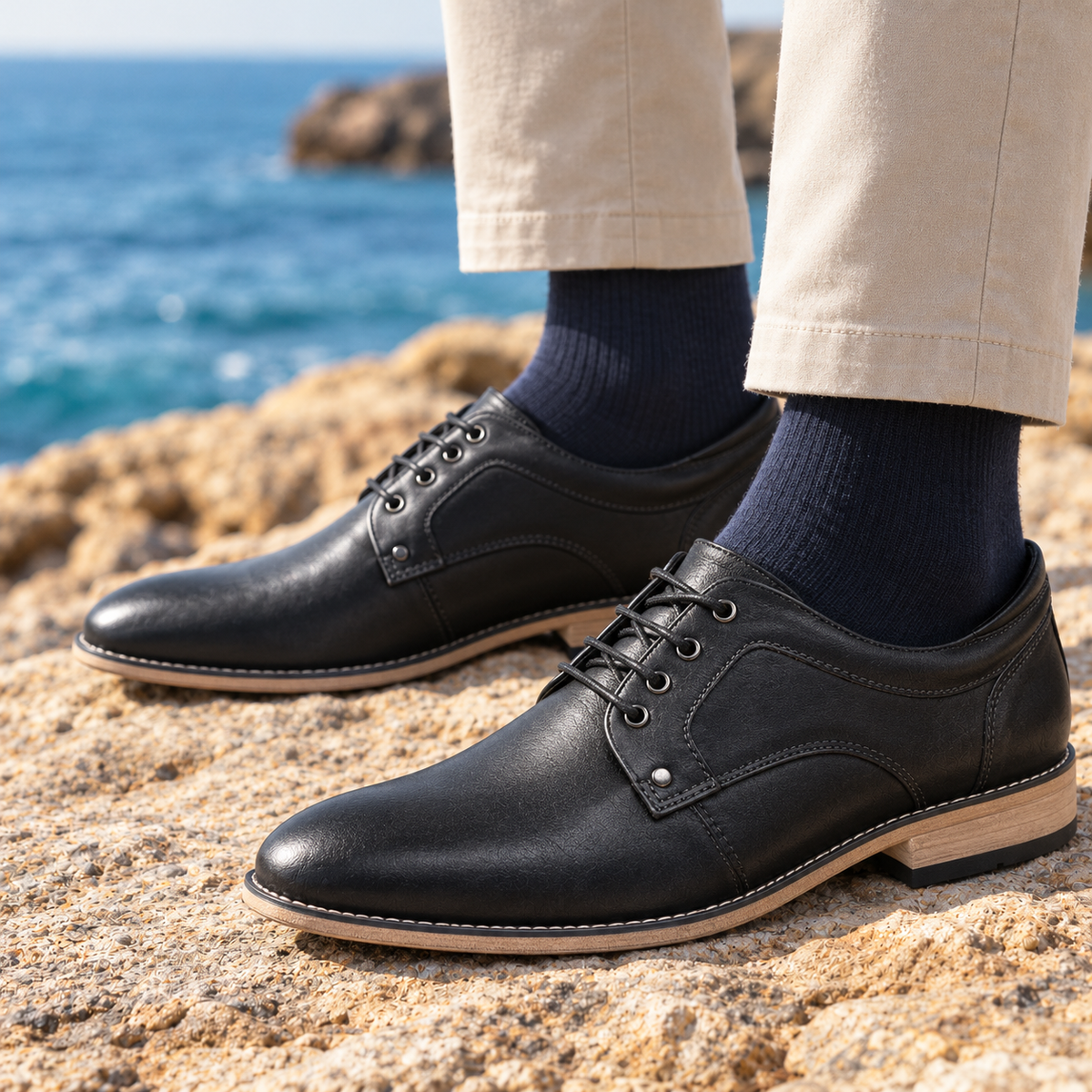 Nathan Stacked-Heel Leather Derby Shoes - Black, worn pair