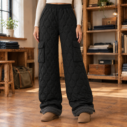 Ivy Quilted Fleece-Lined Cargo Pants - Black, worn, full pants