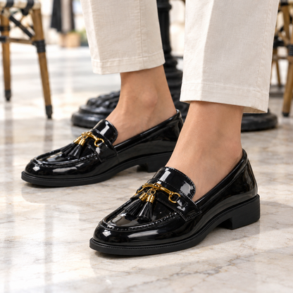 Stella Patent-Look Tassel Loafers - Black, worn pair