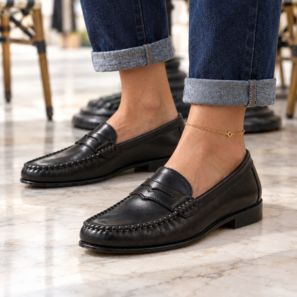 Lucy Moc-Stitched Leather Penny Loafers - Black, worn pair
