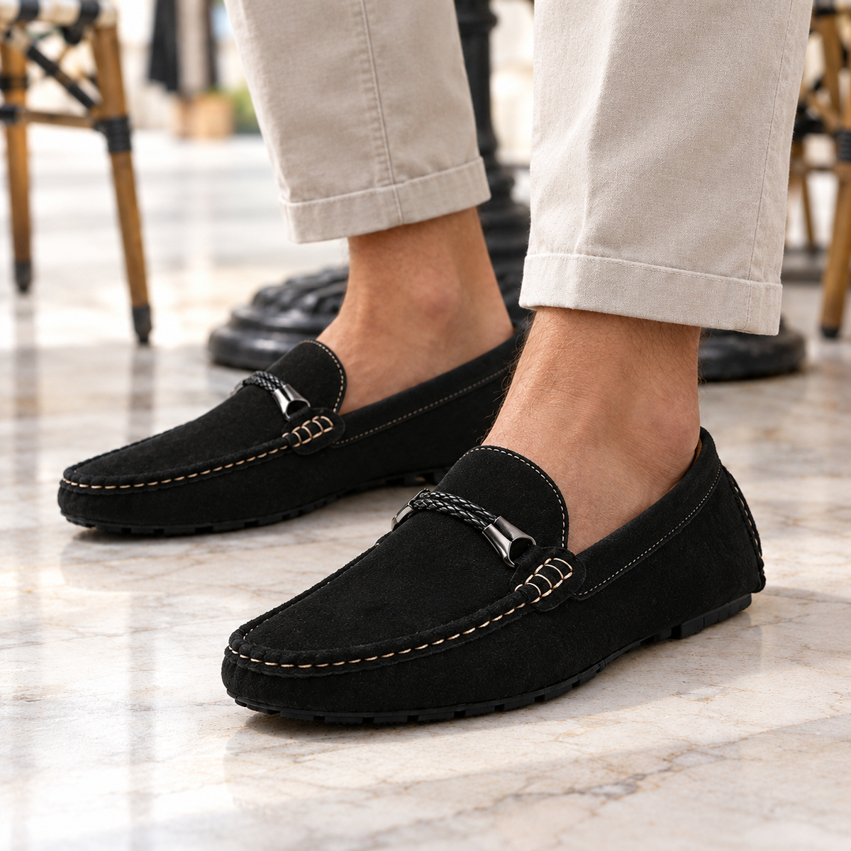 Ryan Braided-Bit Suede Driving Loafers - Black, worn pair