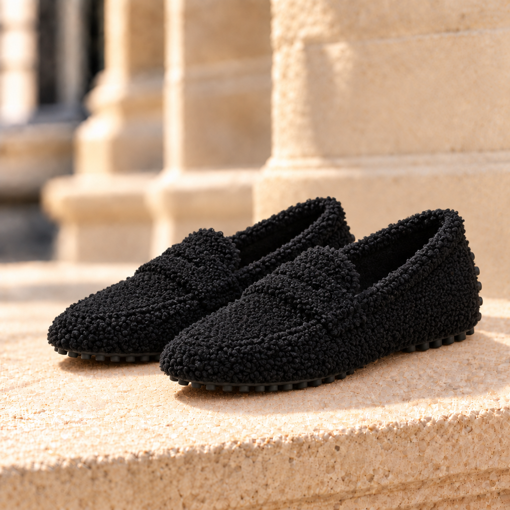Emma Teddy Fleece Penny Loafers - Black, full pair