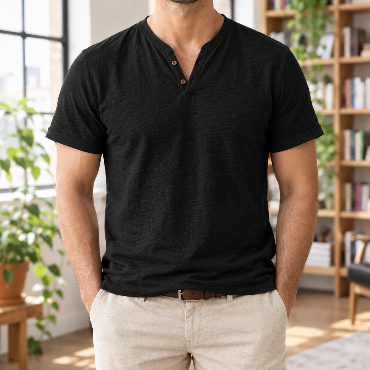 Nolan Slub-Texture Henley Tee - Black, worn