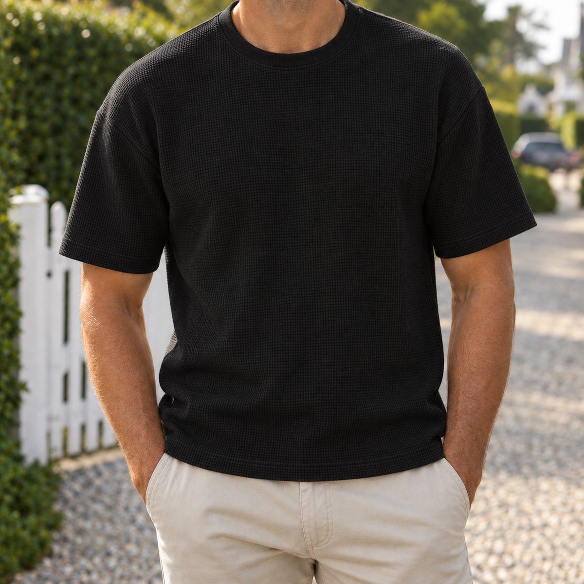 Harvey Heavyweight Waffle Tee - Black, worn, full tee