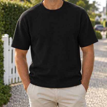 Harvey Heavyweight Waffle Tee - Black, worn, full tee
