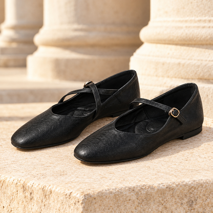 Rose Cross-Strap Mary Jane Flats - Black, full pair