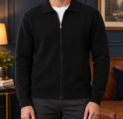 Walter Wool Zip Polo Cardigan - Black, worn, full cardigan