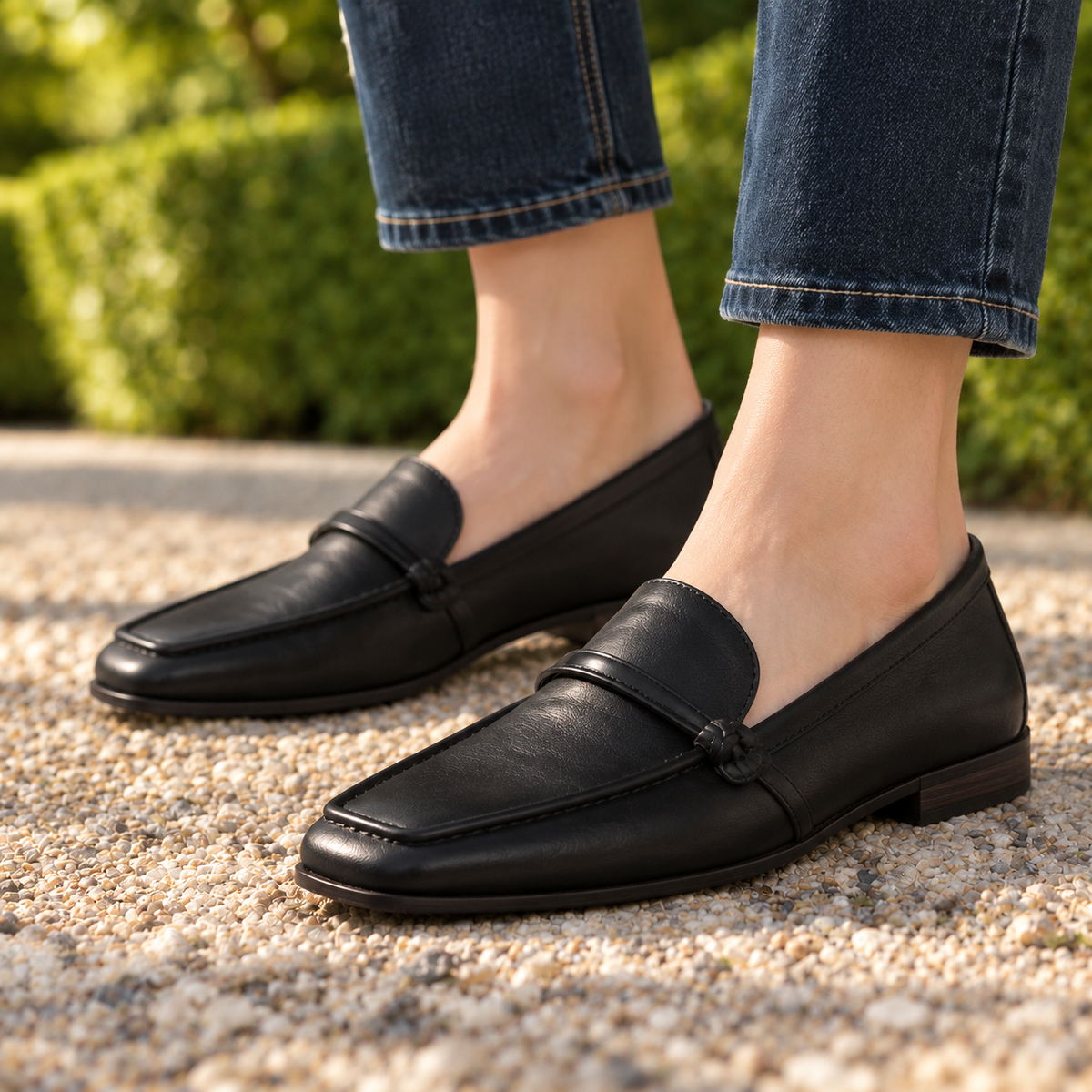 Laura Knotted-Cord Square-Toe Loafers - Black, worn pair