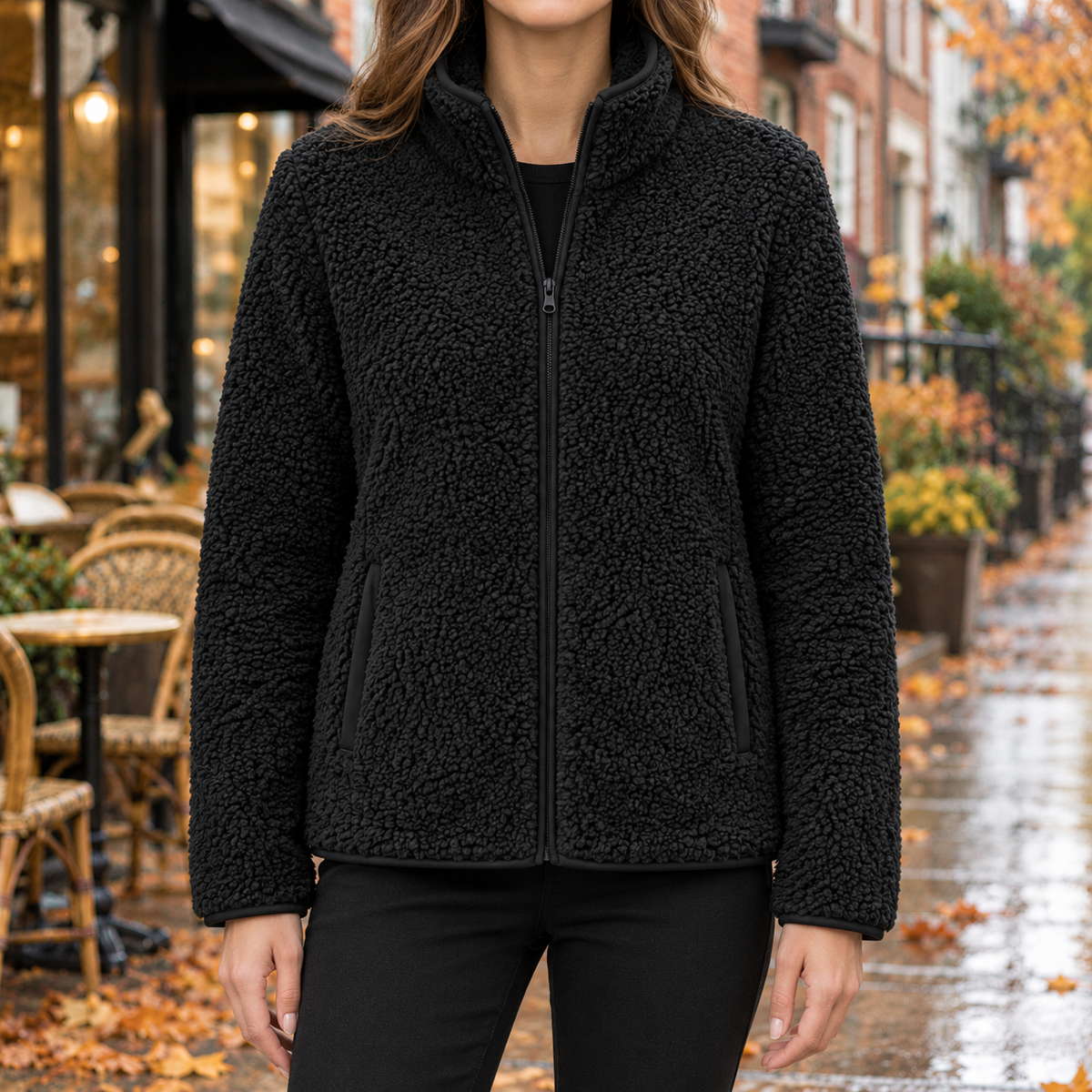 Ellie Piped Teddy Zip Jacket - Black, worn, full jacket