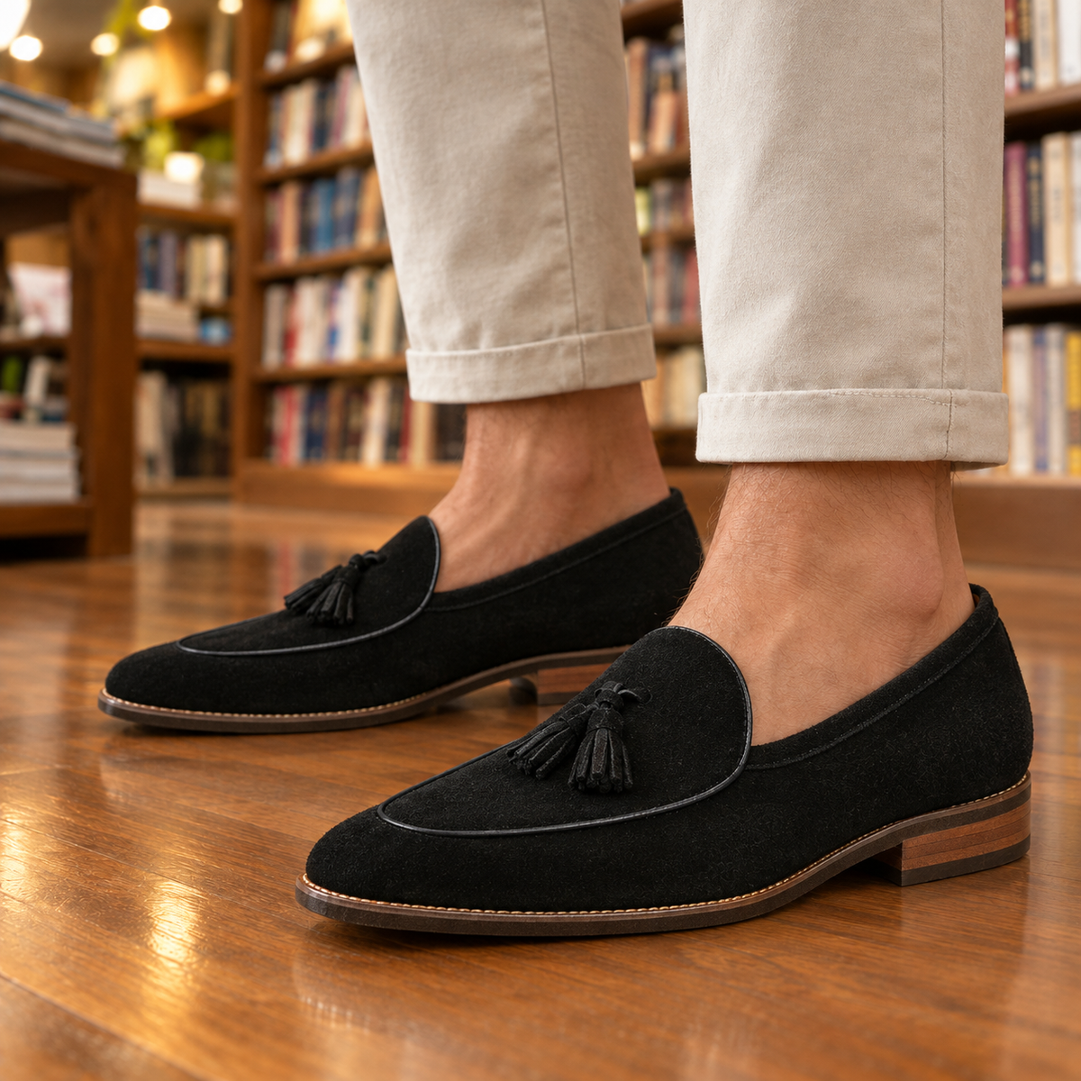 Everett Piped Suede Tassel Loafers - Black, worn pair