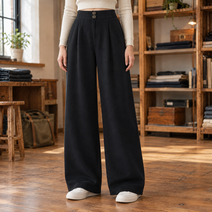 Sarah Two-Button Twill Wide-Leg Trousers - Black, worn, full length