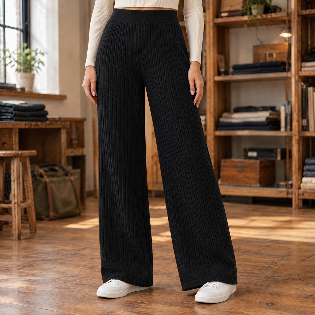Ruby Rib-Knit Wide-Leg Pants - Black, worn, full pants