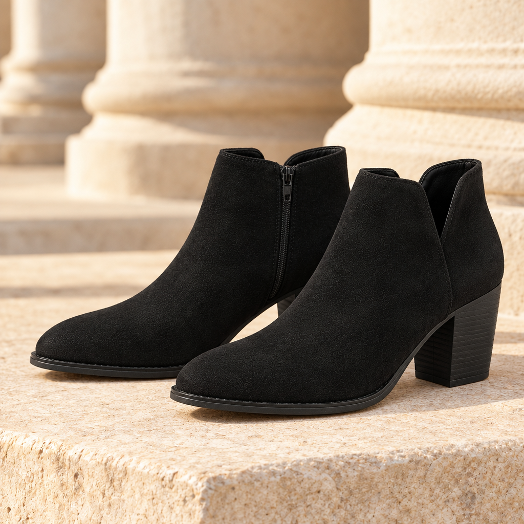 Erica V-Cut Suede-Look Ankle Boots - Black, full pair