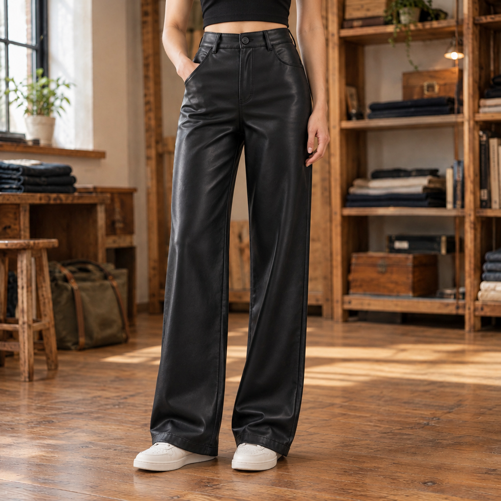 Sydney Faux-Leather Straight-Leg Trousers - Black, worn, full trousers