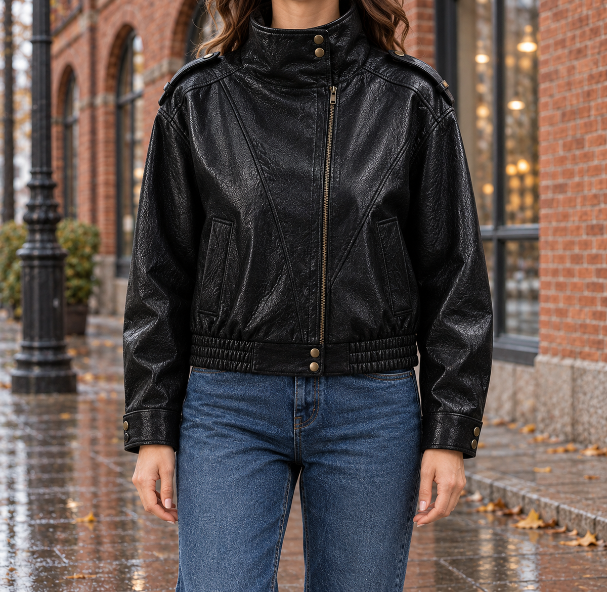 Jenna Faux-Leather Bomber Jacket - Black, worn, full jacket