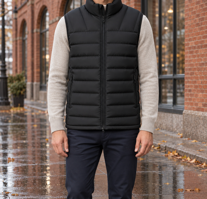 Tyler Stand-Collar Puffer Vest - Black, worn, full vest
