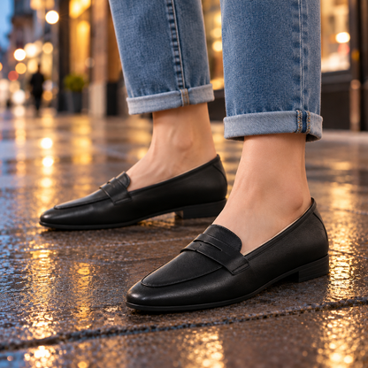 Grace Faux-Leather Penny Loafers - Black, worn pair