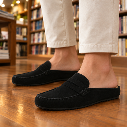 Amy Suede Penny Loafer Mules - Black, worn pair