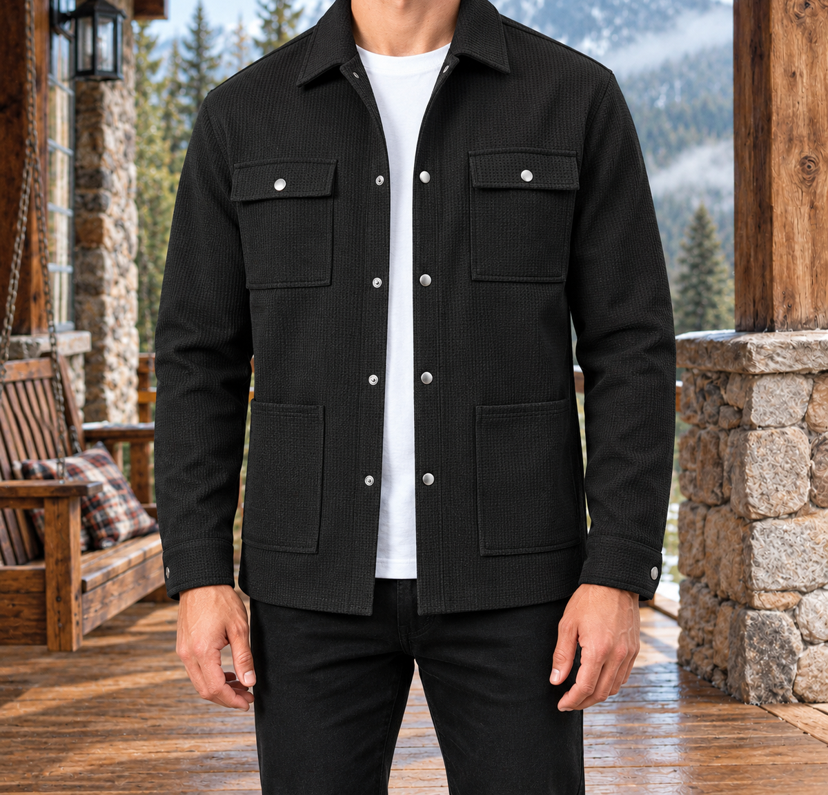Jason Waffle-Texture Shirt Jacket - Black, worn, full jacket