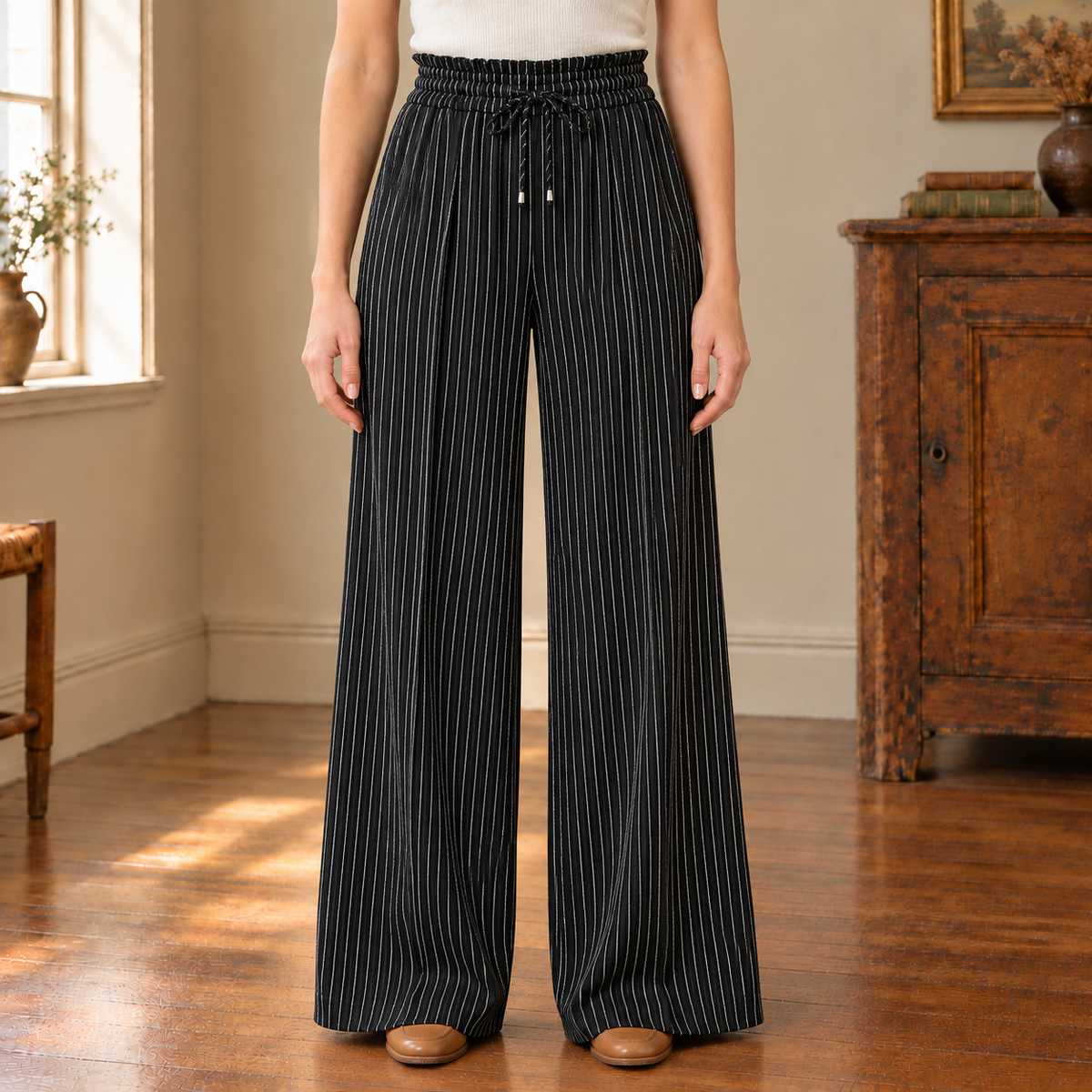 Paige Pinstripe Wide-Leg Trousers - Black, worn, full trousers