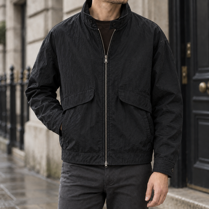 Ashby Nylon Stand-Collar Jacket — Black, worn, full jacket