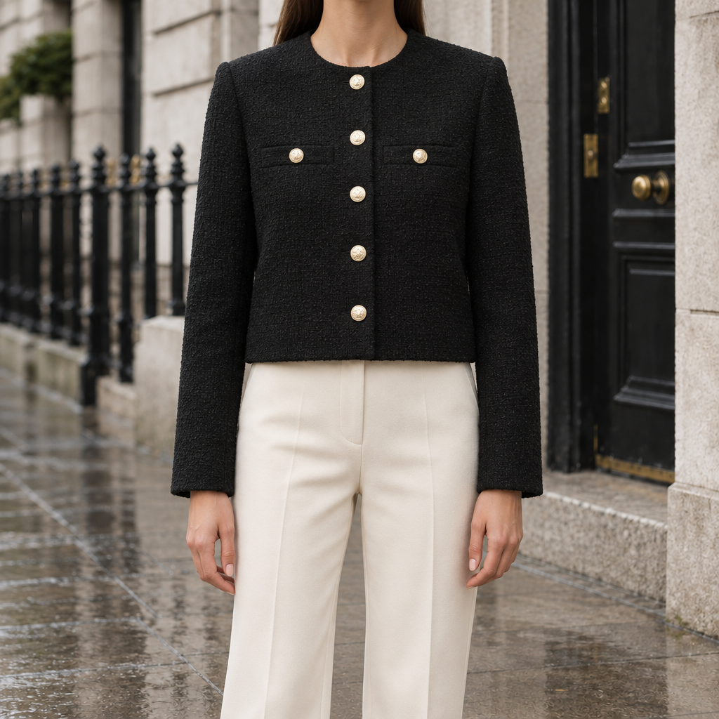 Claire Cropped Tweed Jacket - Black, worn, full jacket