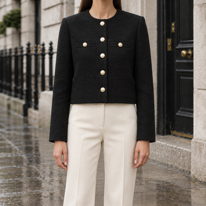 Claire Cropped Tweed Jacket - Black, worn, full jacket