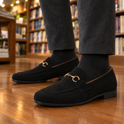 Miles Suede Horsebit Loafers - Black, worn pair