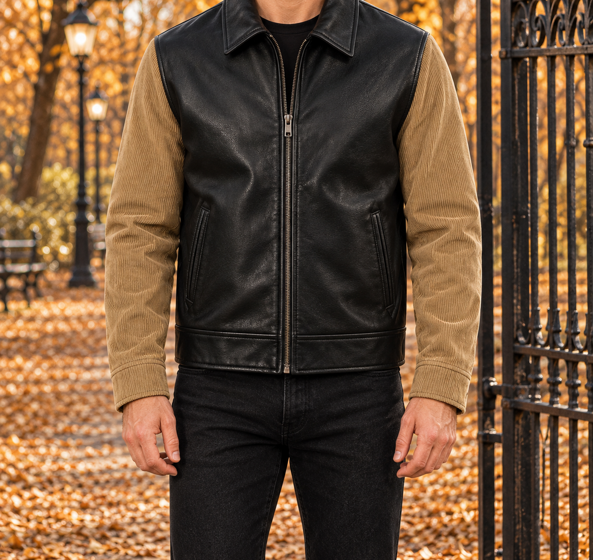 Colin Contrast-Sleeve Faux-Leather Jacket - Black, worn, full jacket
