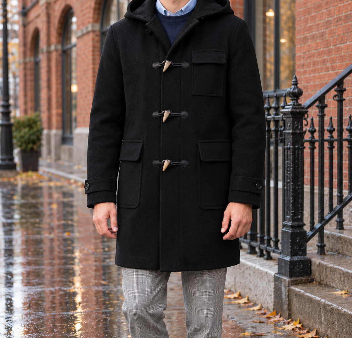 Hudson Hooded Toggle Duffle Coat - Black, worn, full coat