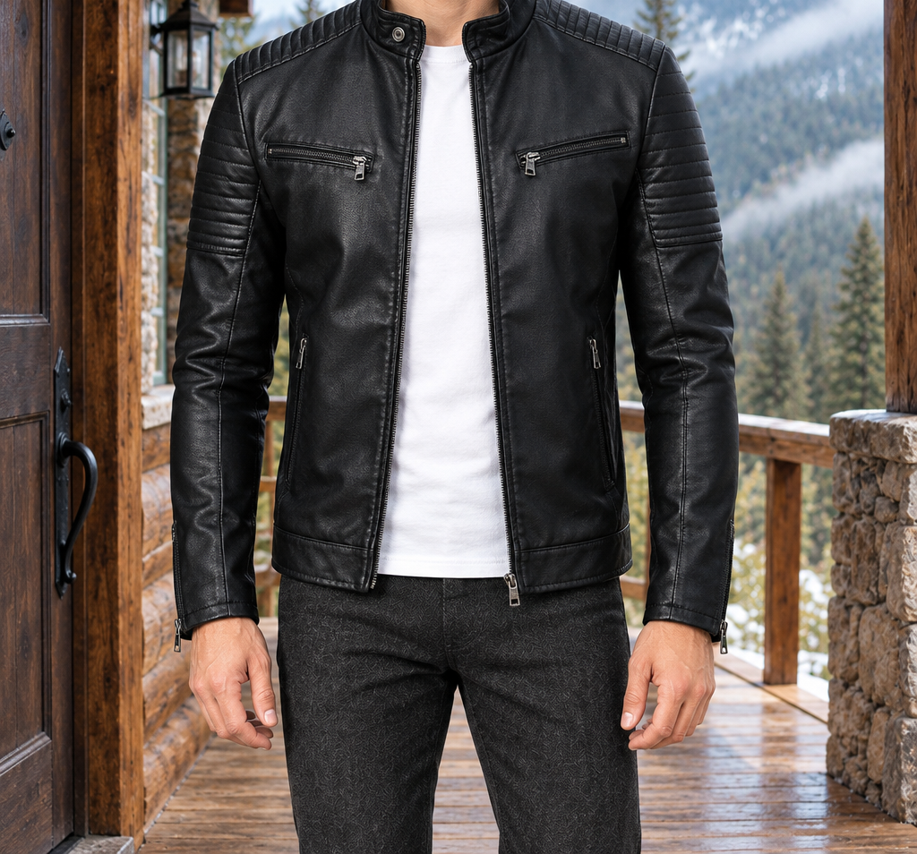 Bryce Quilted-Shoulder Faux-Leather Jacket - Black, worn, full jacket