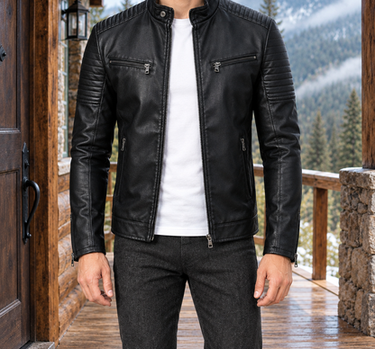 Bryce Quilted-Shoulder Faux-Leather Jacket - Black, worn, full jacket