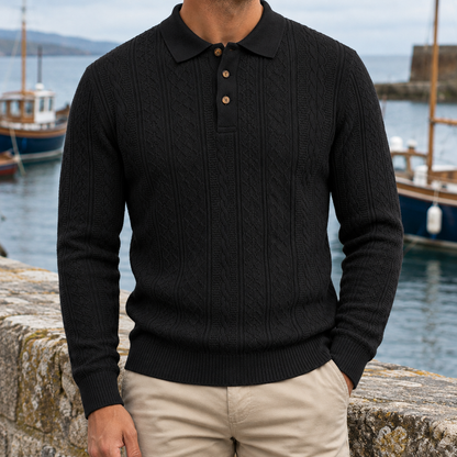 Richard Cable Jacquard Long-Sleeve Polo - Black, worn, full polo