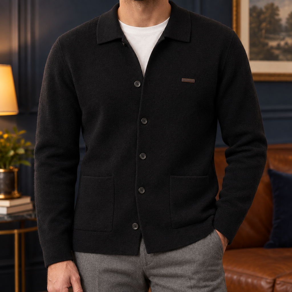 Philip Collared Knit Polo Cardigan - Black, worn, full cardigan