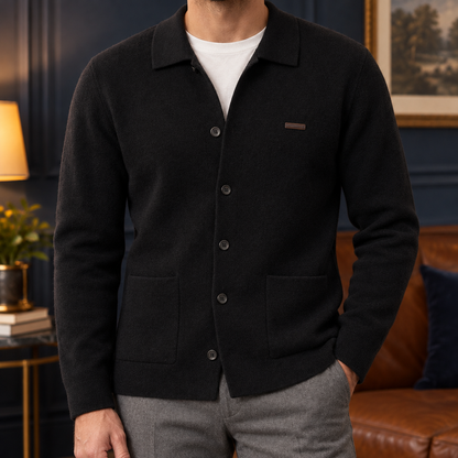 Philip Collared Knit Polo Cardigan - Black, worn, full cardigan