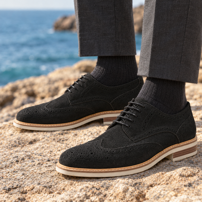 Hayes Layered-Sole Wingtip Brogues - Black, worn pair